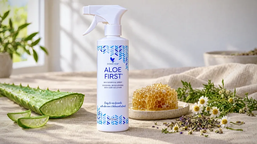 Flaconul de Aloe First alături de o frunză de aloe vera tăiată, un fagure de miere și flori de mușețel