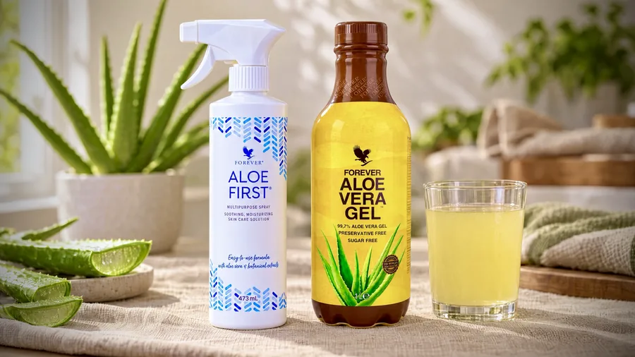 Spray-ul Aloe First alături de gelul de aloe vera destinat consumului și un pahar — două produse diferite