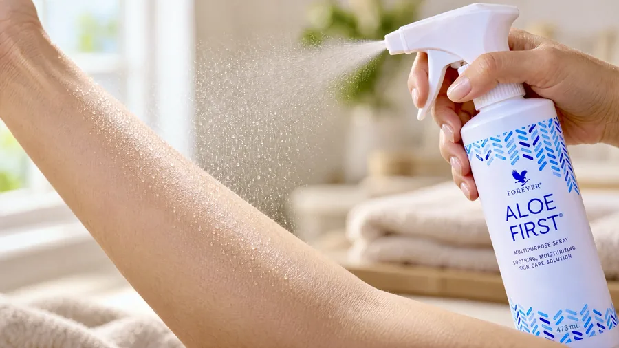 Spray-ul Aloe First pulverizat pe antebraț, cu ceața fină de picături vizibilă pe pielea calmă