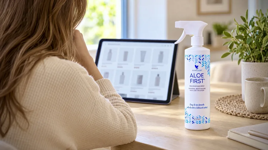 Flacon de Aloe First pe masă, lângă o tabletă cu rezultate de căutare într-un magazin online