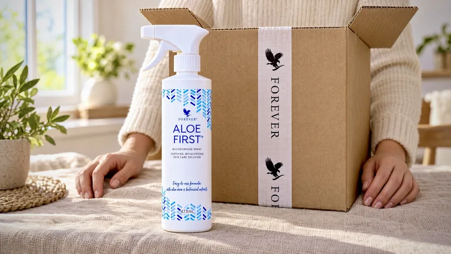 Flacon de Aloe First de 473 ml lângă un colet Forever sigilat cu bandă albă cu sigla companiei