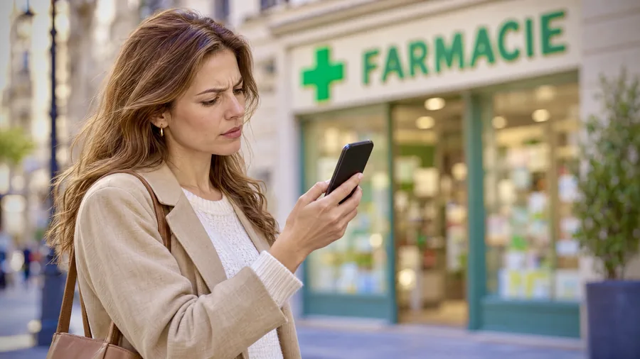 Femeie în fața unei farmacii, căutând pe telefon un produs pe care nu îl găsește