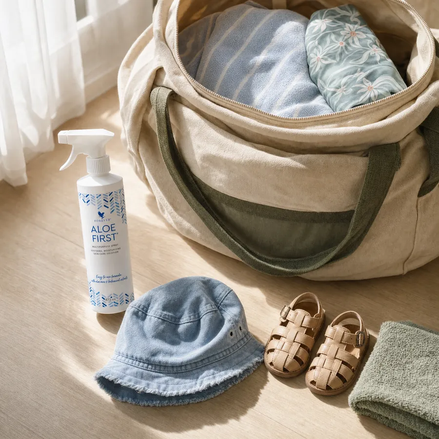 Aloe First în geanta de vacanță a familiei, lângă pălăria, sandalele și prosopul copilului