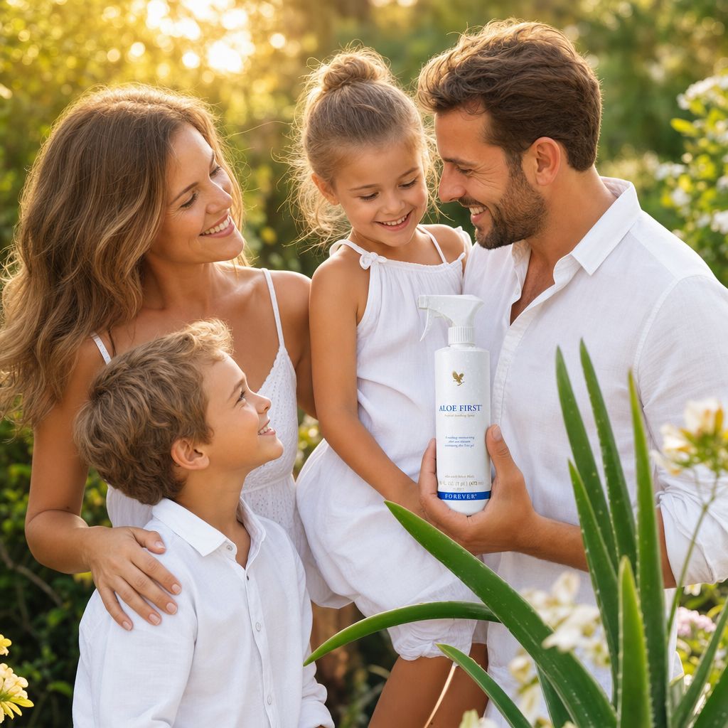 Familie fericită folosind împreună Aloe First, în natură
